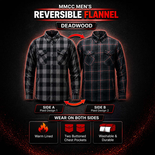 MMCC Men's 'Deadwood' Reversible Flannel Shirt - 100% Cotton Snap Front Plaid w/ Chest and Hand Pockets - MNG11805