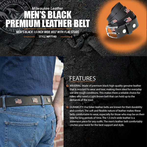Milwaukee Leather Men's Frontier Star Black Leather Belt with Western Star Emblems - 1.5 Inch - MP7135