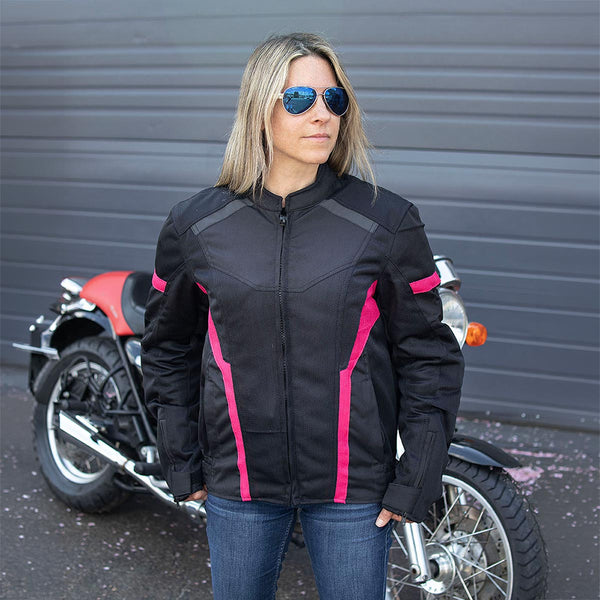 Milwaukee Leather MPL2794 Black and Pink Mesh/Textile Armored Motorcycle Racer Jacket for Women - All Season Jackets