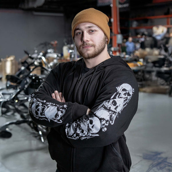 MMCC Men’s Bare Bones Riding Hoodie – Premium Cotton, Reflective Skull Sleeve, Full Zip - MPM1680