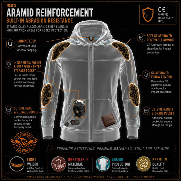 Milwaukee Leather MPM1764 Men's Black Soft Shell CE Armored Motorcycle Racing Style Hoodie Jacket w/ Detachable Hood