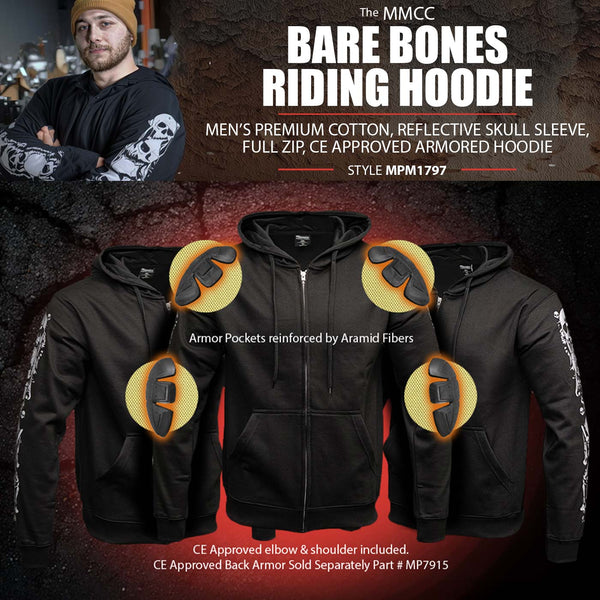 Milwaukee Leather Men's Bare Bones Black Reflective Skull CE Armored Riding Hoodie, Shoulder & Elbow Armor - MPM1797