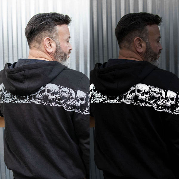 Milwaukee Leather Men's Bare Bones Black Reflective Skull CE Armored Riding Hoodie, Shoulder & Elbow Armor - MPM1798
