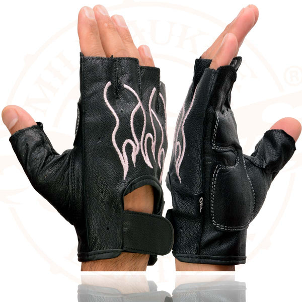 Milwaukee Leather SH198 Women's Black-Pink Gel Palm Fingerless Motorcycle Gloves with Pink Flame Embroidery
