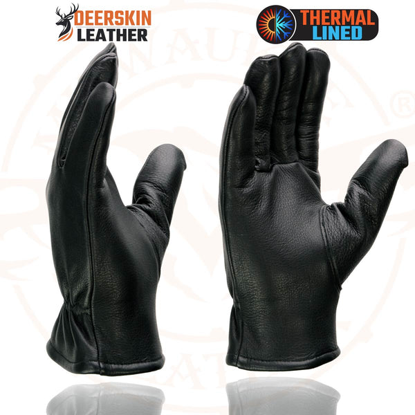 Milwaukee Leather SH858 Men's Thermal Lined USA Deerskin Black Leather Motorcycle Gloves w/ Cinch Wrist Closure