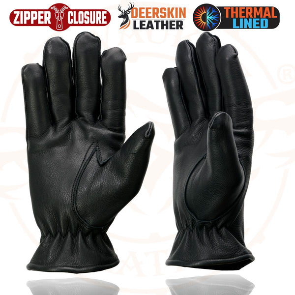 Milwaukee Leather SH866 Men's Thermal Lined USA Deerskin Leather Black Motorcycle Gloves w/ Zipper Closure