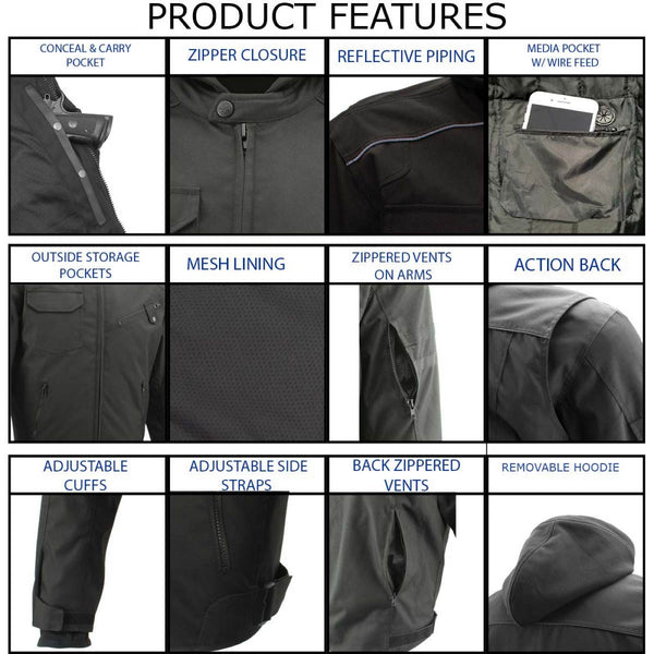 Milwaukee Leather Men's Flight 1300D Nylon Motorcycle Jacket with CE Armor and Removable Hoodie - MPM17017