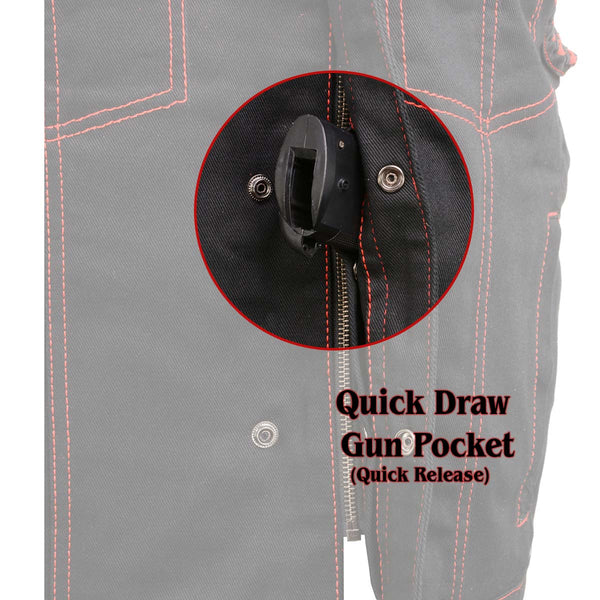 Milwaukee Leather MDM3036 Men’s Wrecker Club Vest – Black Denim & Leather, Diamond Quilt, Red Stitch