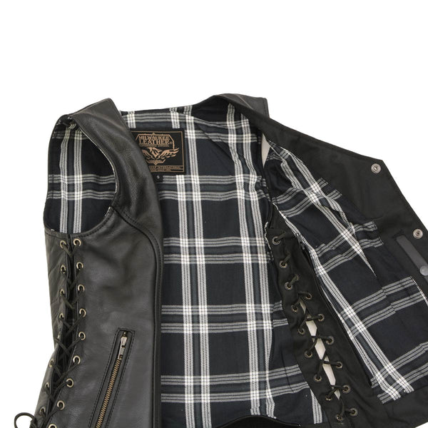 Milwaukee Leather LKL4710 Women's Black Premium Leather Motorcycle Biker Rider Vest w/ Snap Button Closure