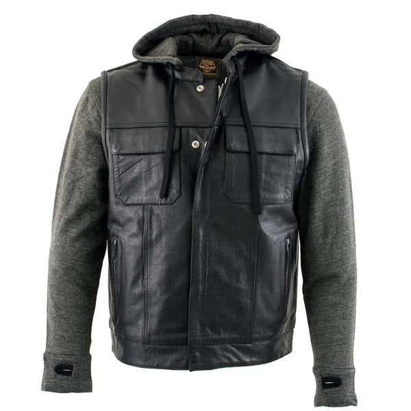 Milwaukee Leather LKM3785 Men's 2 in 1 Classic Black Premium Leather Motorcycle Hoodie Jacket w/ Convertible Vest