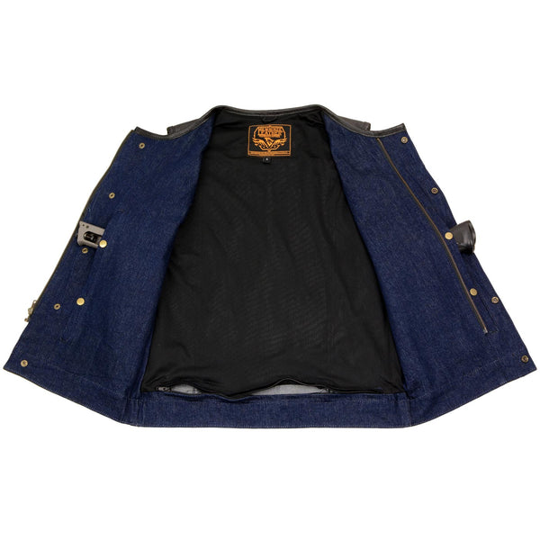 Milwaukee Leather MDM3004 Men's Brute Dual Closure Blue Denim and Black Leather Club Style Vest