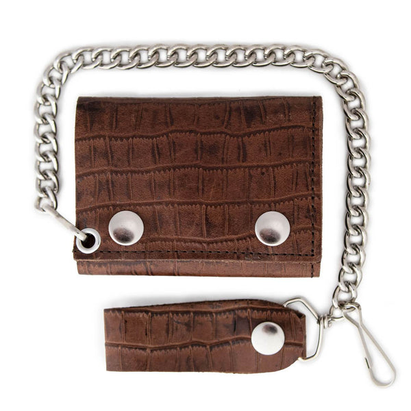 Milwaukee Leather Brown Full-Grain Crocodile-Stamped Tri-Fold Chain Wallet - MLW7849