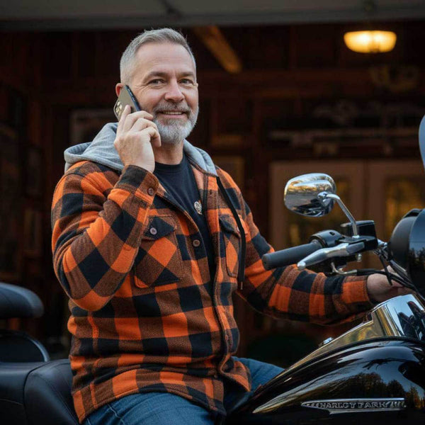 Milwaukee Leather Men’s Titans Orange & Black Plaid Hooded Riding Shirt w/ CE Armor & Aramid Fiber Panels - MPM1642