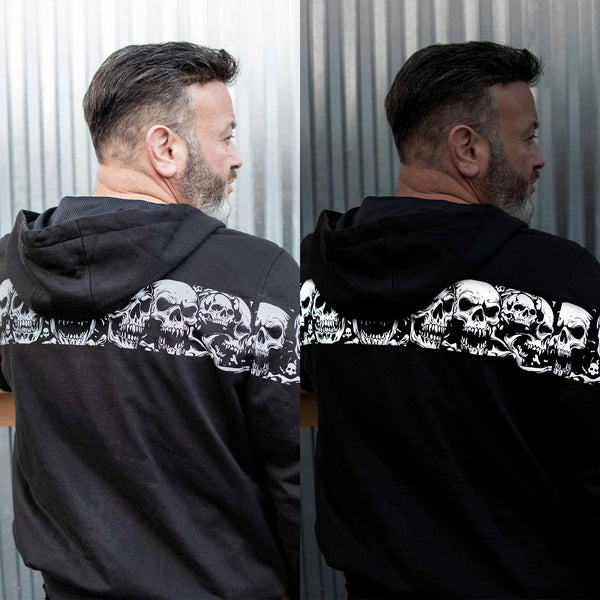 MMCC Men’s Bare Bones Hoodie – Reflective Skull Graphics Front & Back, Full Zip, 100 % Cotton - MPM1681