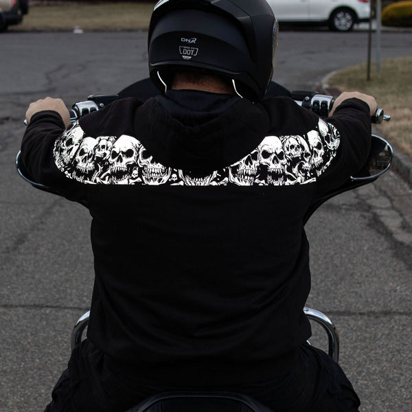 Milwaukee Leather Men's Bare Bones Black Reflective Skull CE Armored Riding Hoodie, Shoulder & Elbow Armor - MPM1798