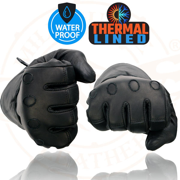Milwaukee Leather Men's Black Gauntlet Motorcycle Gloves-Black Soft Leather Waterproof Cinch Wrist Closure-SH293