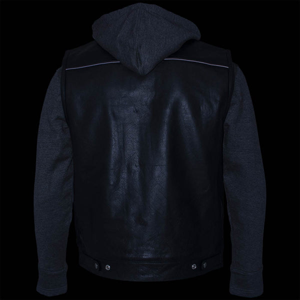Milwaukee Leather LKM3785 Men's 2 in 1 Classic Black Premium Leather Motorcycle Hoodie Jacket w/ Convertible Vest