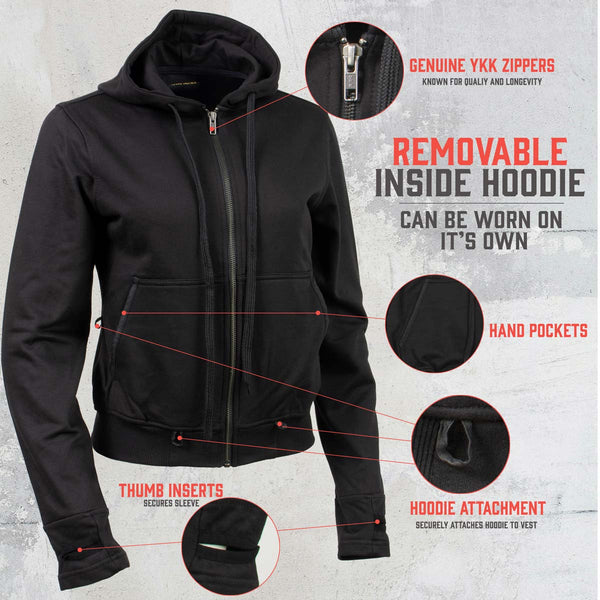 Milwaukee Leather Women's Tara Black Leather Motorcycle Rider 2-in-1 Convertible Hoodie Jacket Vest - LKL4712