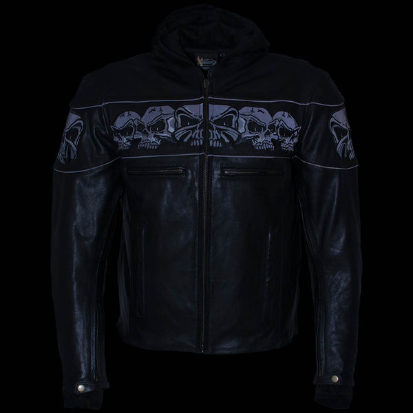 Milwaukee Leather Men's Futile CE Armored Leather Motorcycle Jacket w/ Hoodie Liner, Reflective Skull - LKM17016