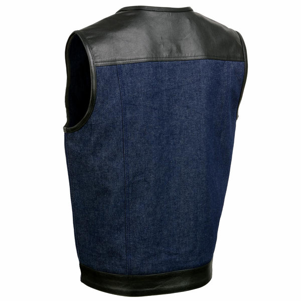 Milwaukee Leather MDM3004 Men's Brute Dual Closure Blue Denim and Black Leather Club Style Vest