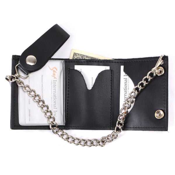 Milwaukee Leather MLW7831 Men's 4" Classic Black Plain Genuine Leather Tri-Fold Biker Wallet w/ Anti-Theft Stainless Steel Chain