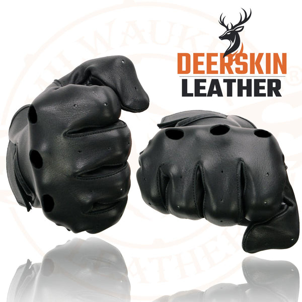 Milwaukee Leather SH868 Men's USA Deerskin Black Vented Perforated Leather Motorcycle Riders Gloves