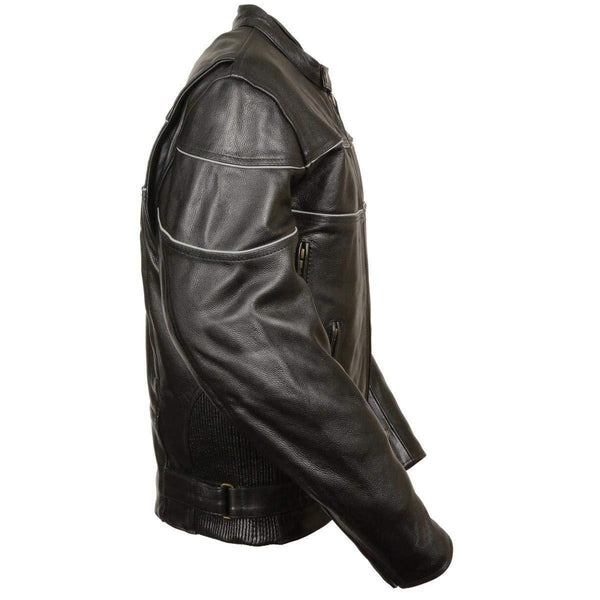 Milwaukee Leather SH1785 Men's Black Leather Scooter Style Motorcycle Jacket w/ Side Stretch and Reflective Piping
