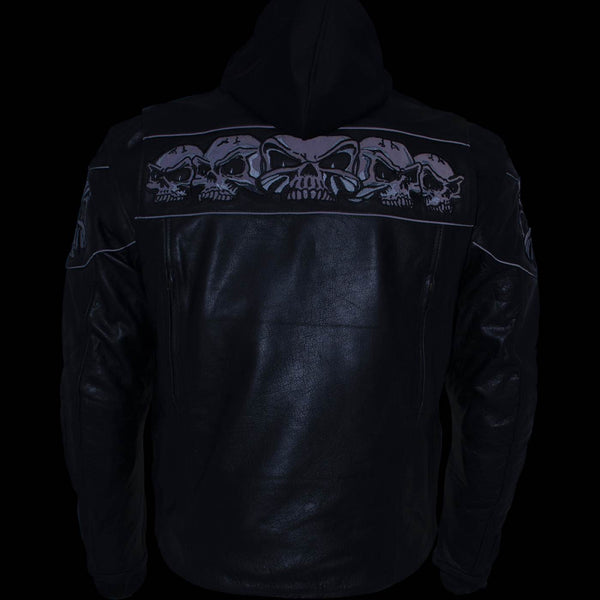 Milwaukee Leather Men's Futile CE Armored Leather Motorcycle Jacket w/ Hoodie Liner, Reflective Skull - LKM17016