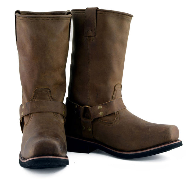 Milwaukee Leather Men's Crazy Horse Brown Harness Motorcycle Boots, MBM9037