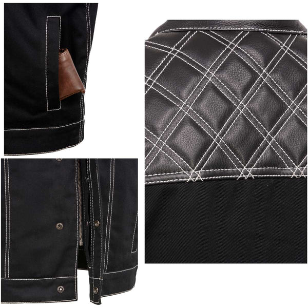 Milwaukee Leather MDM3035 Men’s Wrecker Club Vest – Black Denim & Leather, Diamond Quilt, White Stitch