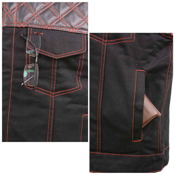Milwaukee Leather MDM3036 Men’s Wrecker Club Vest – Black Denim & Leather, Diamond Quilt, Red Stitch