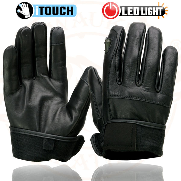 Milwaukee Leather MG7599 Men's Black Leather Motorcycle Gloves w/ i-Touch Screen and Led Finger Light