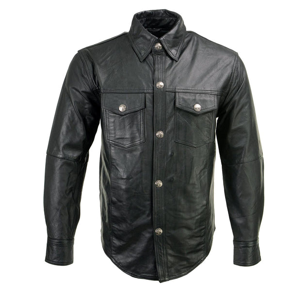 Milwaukee Leather MLM1611 Men's Premium Black Leather Casual Biker Rider Shirt w/ Vintage 5 Cent Buffalo Buttons