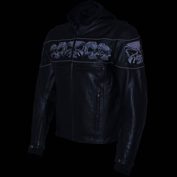 Milwaukee Leather Men's Futile CE Armored Leather Motorcycle Jacket w/ Hoodie Liner, Reflective Skull - LKM17016