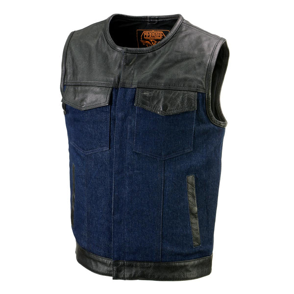 Milwaukee Leather MDM3004 Men's Brute Dual Closure Blue Denim and Black Leather Club Style Vest