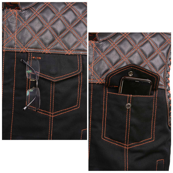 Milwaukee Leather MDM3037 Men’s Wrecker Club Vest – Black Denim & Leather, Diamond Quilt, Orange Stitch