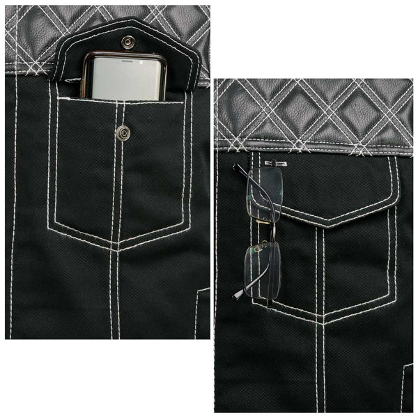 Milwaukee Leather MDM3035 Men’s Wrecker Club Vest – Black Denim & Leather, Diamond Quilt, White Stitch