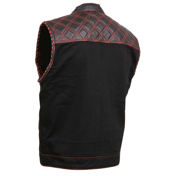 Milwaukee Leather MDM3036 Men’s Wrecker Club Vest – Black Denim & Leather, Diamond Quilt, Red Stitch