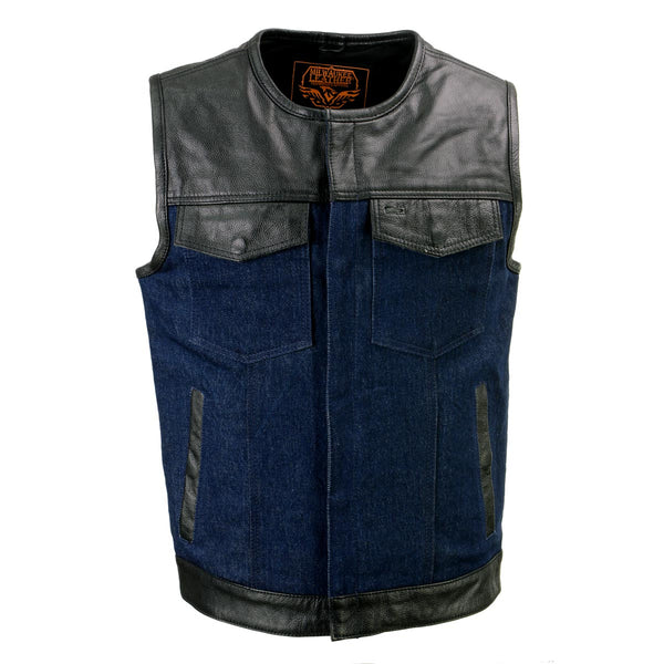 Milwaukee Leather MDM3004 Men's Brute Dual Closure Blue Denim and Black Leather Club Style Vest