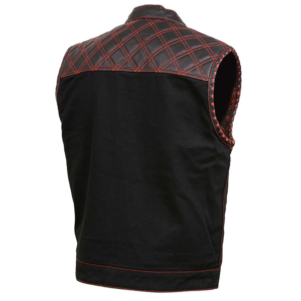 Milwaukee Leather MDM3036 Men’s Wrecker Club Vest – Black Denim & Leather, Diamond Quilt, Red Stitch
