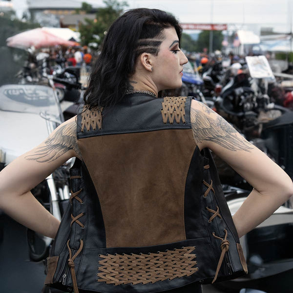 Milwaukee Leather Women's MLL4509 Smoocher Two Tone Crazy Horse Brown and Black Leather Club Style Motorcycle Vest