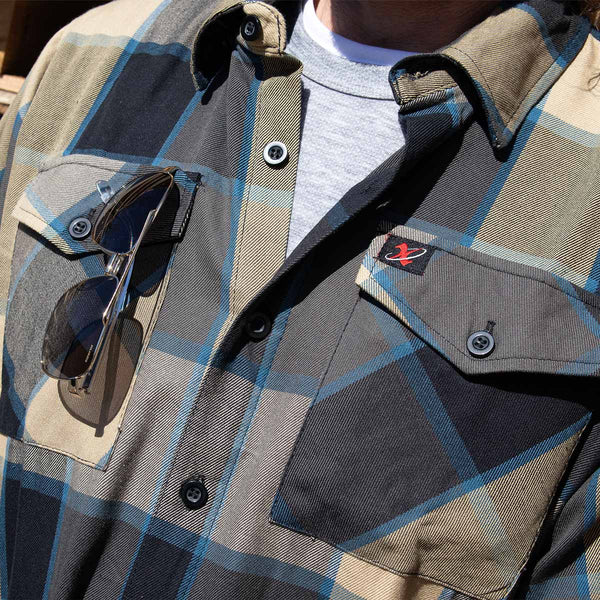 Milwaukee Leather MNG11639 Men's Flannel Plaid Beige with Black and Blue Long Sleeve Cotton Button Down Shirt