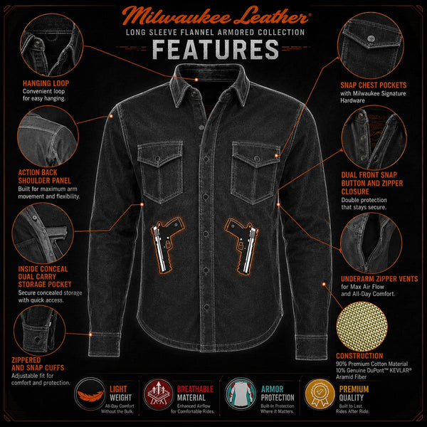Milwaukee Leather MPM1622 Men's Black Armored Denim Long Sleeve Shirt Reinforced w/ Aramid Fibers