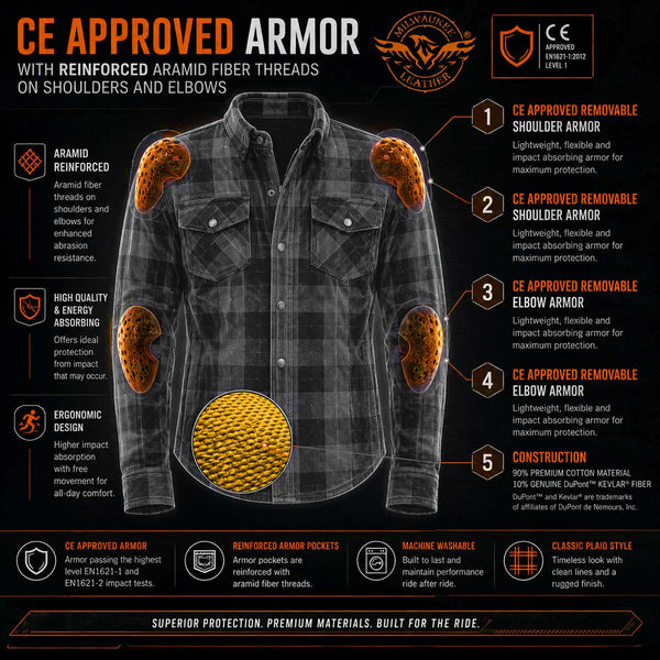Milwaukee Leather MPM1657 Men's Plaid Flannel Biker Shirt with CE Approved Armor - Reinforced w/ Aramid Fiber