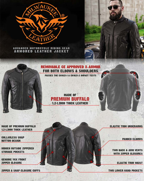 Milwaukee Leather LKM1700 Men's Premium Black Buffalo Leather Cruiser Motorcycle Jacket with CE Armor Protection