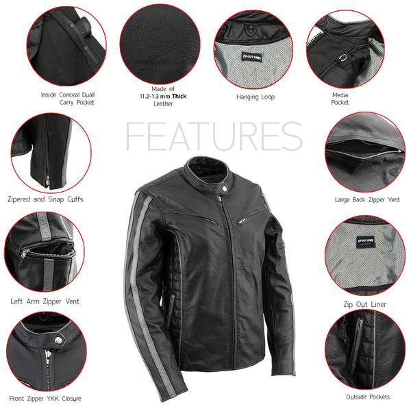 Milwaukee Leather LKL27000 Women’s  Black with Silver Multi Vented Leather Motorcycle Jacket