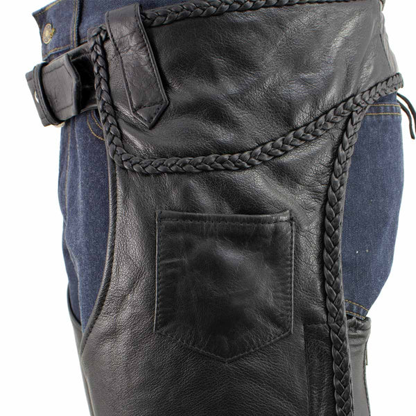 Milwaukee Leather Men's Braidline Black Buffalo Leather Motorcycle Chaps w/ Elastic Thigh Panels - LKM5724