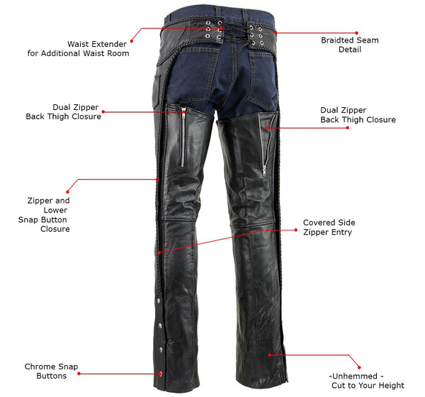 Milwaukee Leather Men's Braidline Black Buffalo Leather Motorcycle Chaps w/ Elastic Thigh Panels - LKM5724