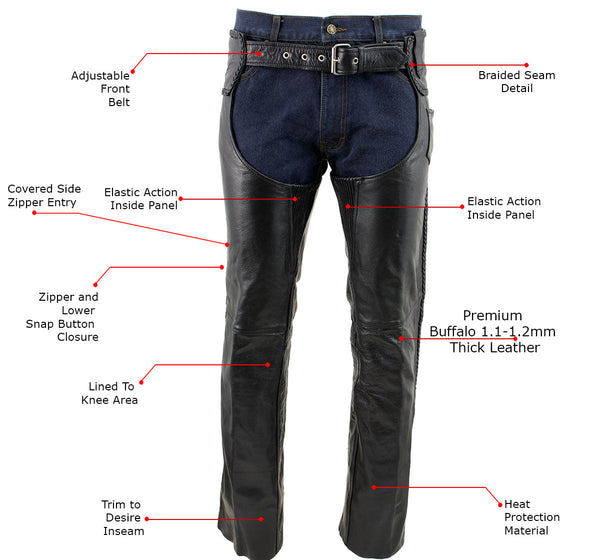 Milwaukee Leather Men's Braidline Black Buffalo Leather Motorcycle Chaps w/ Elastic Thigh Panels - LKM5724