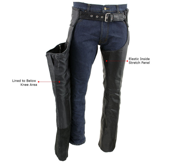 Milwaukee Leather Men's Braidline Black Buffalo Leather Motorcycle Chaps w/ Elastic Thigh Panels - LKM5724